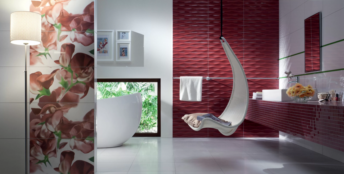 Польская плитка для ванной бордового цвета