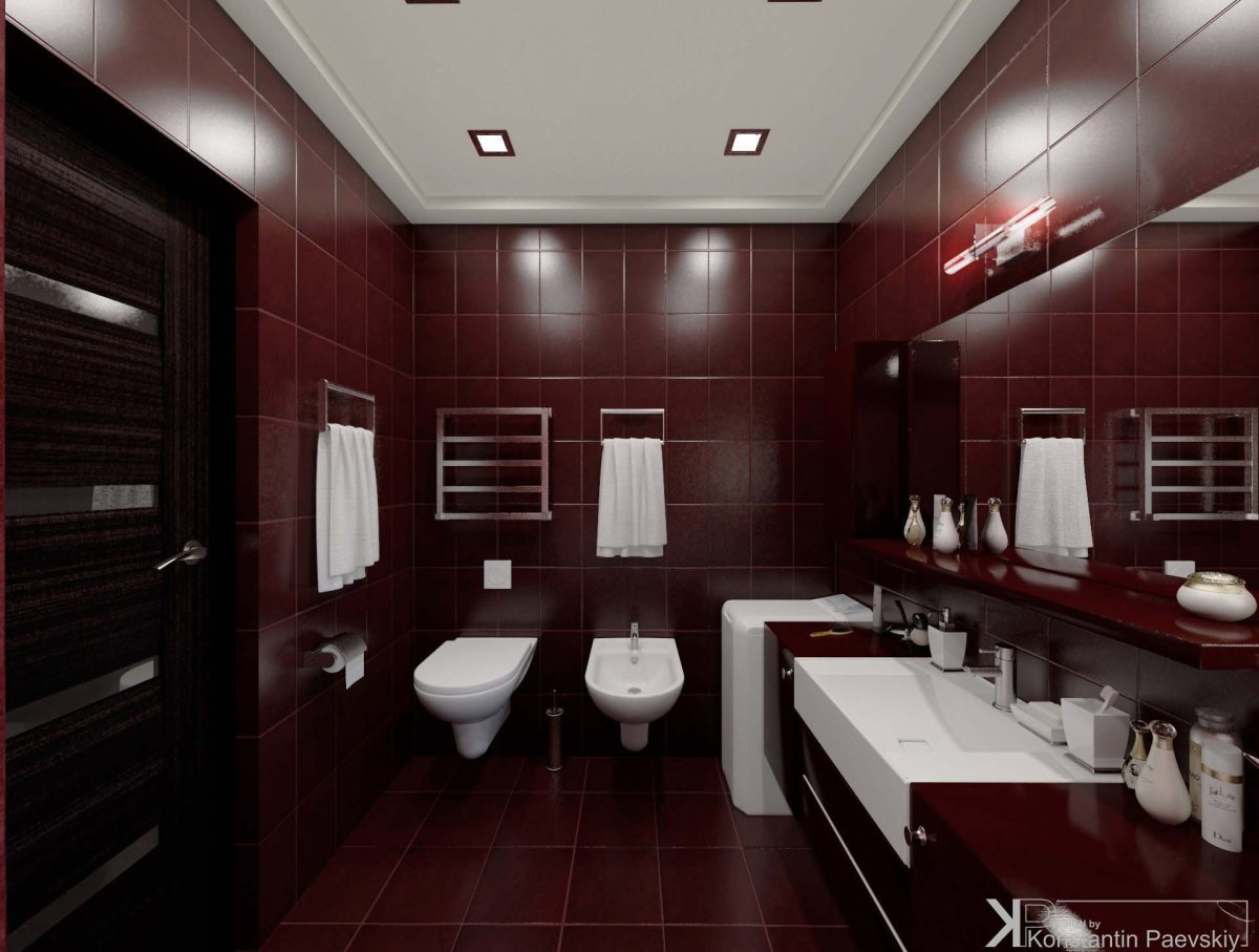 Ванная комната с бордовой плиткой