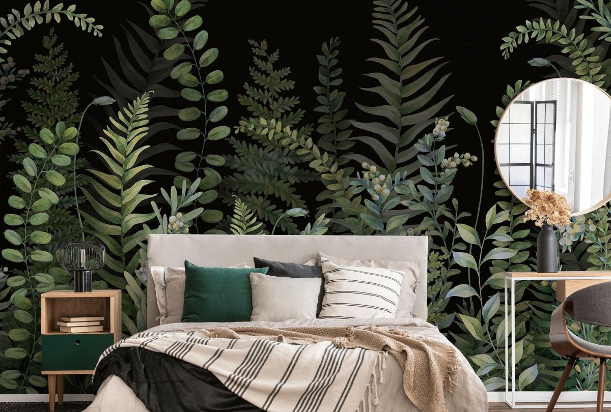 Обои с папоротником в интерьере спальни