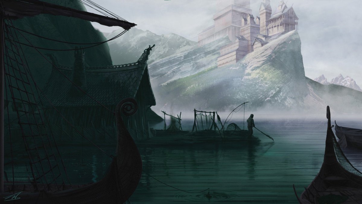 Викинги фэнтези арт Драккар деревня
