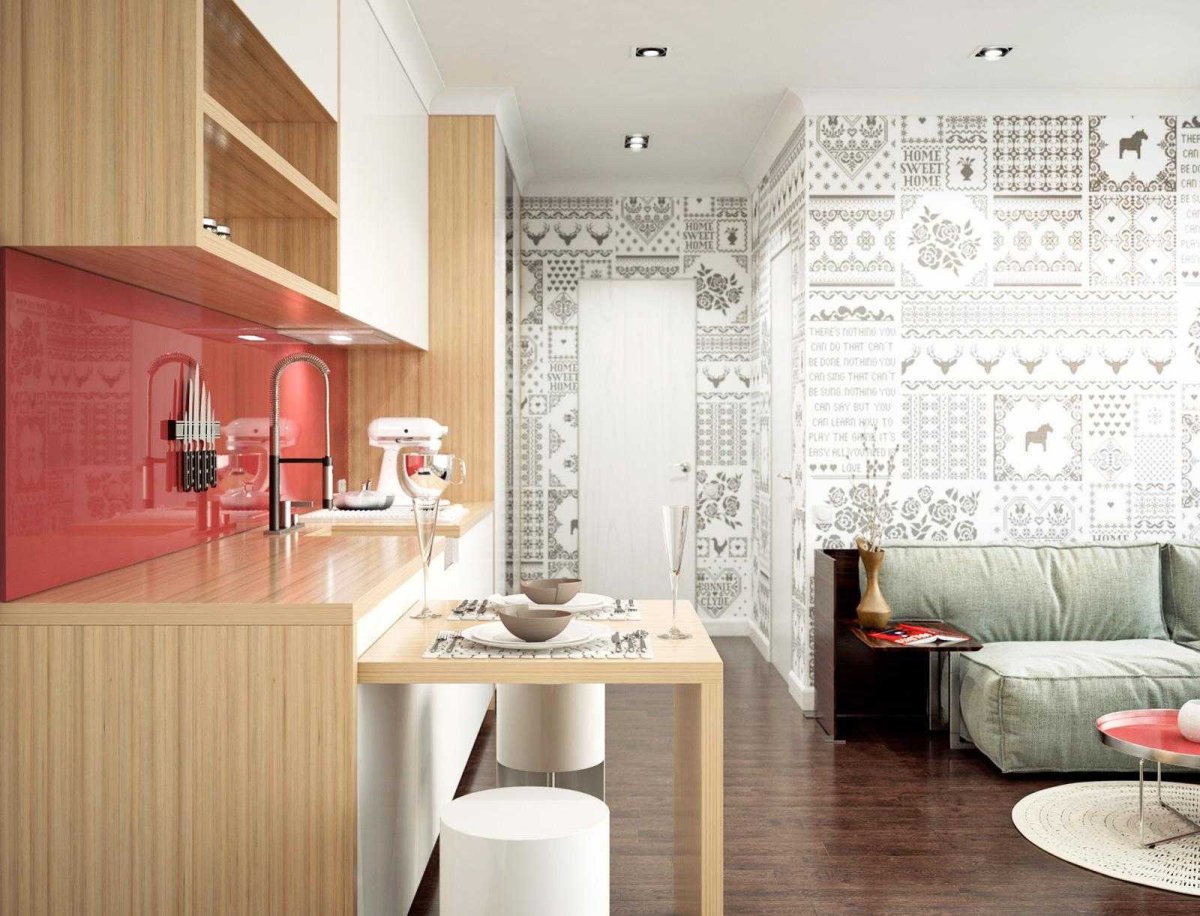 Интерьер кухни с комбинированными обоями