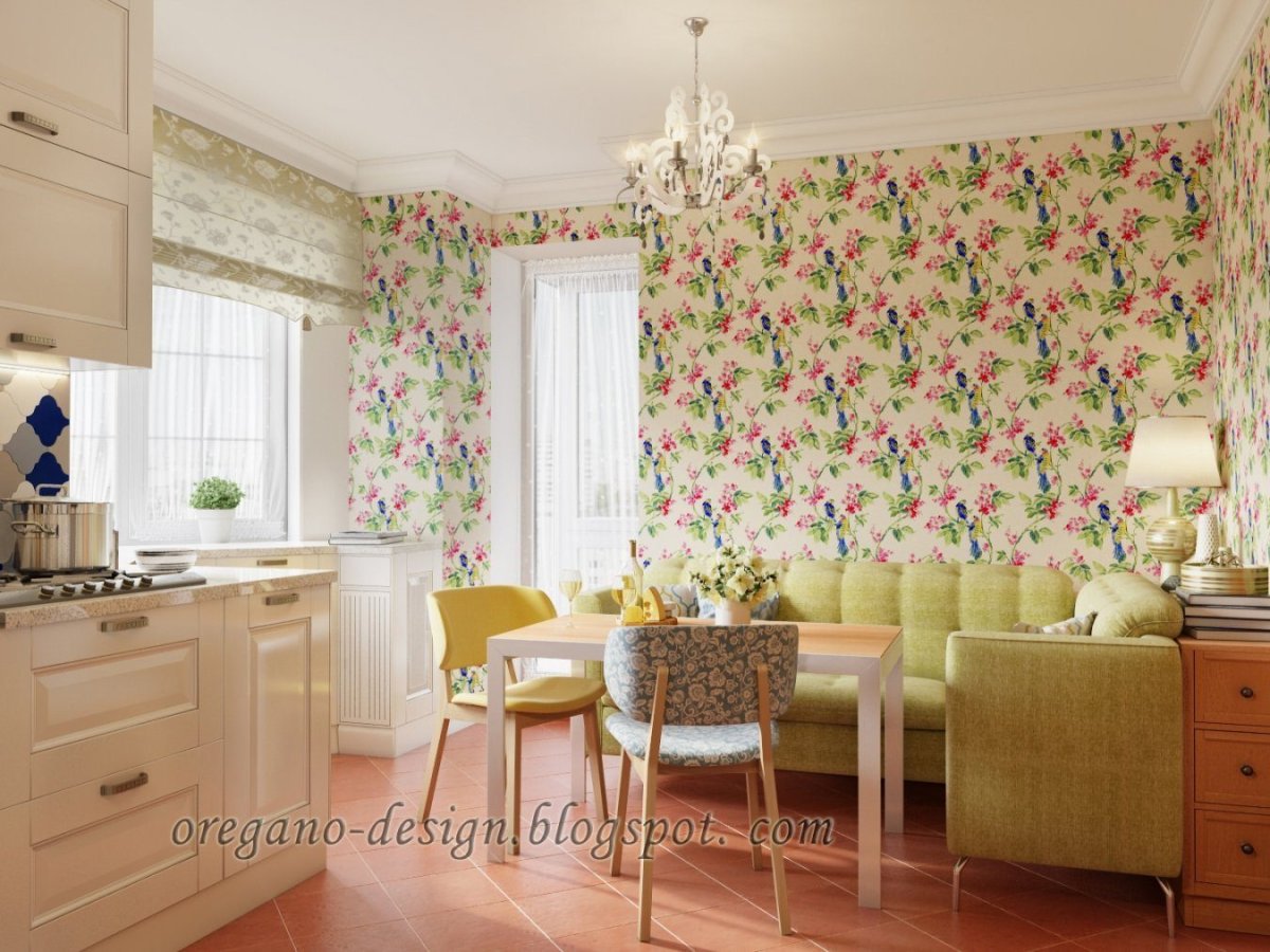 Обои в цветочек на кухне