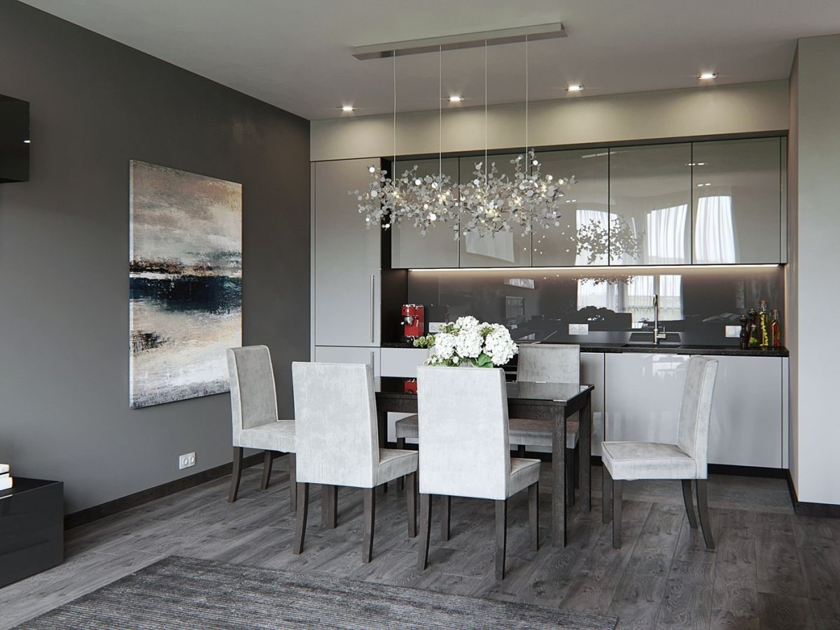 Серо белая кухня гостиная