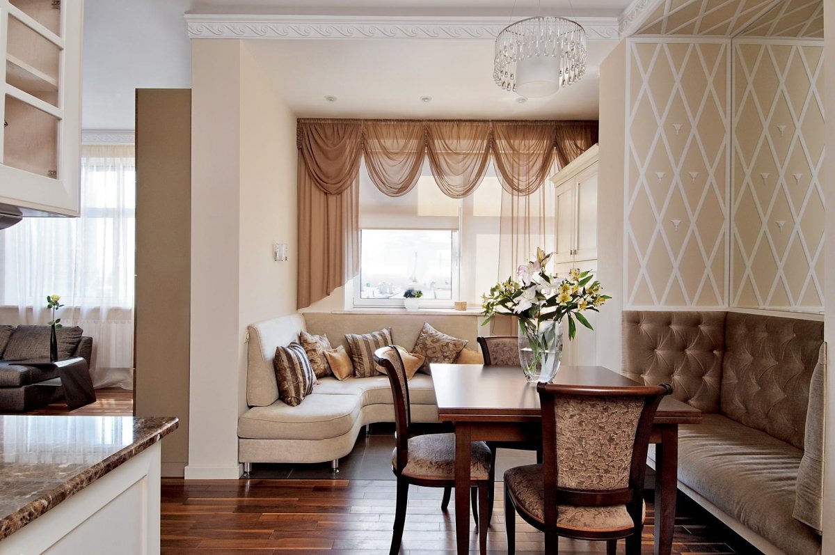 Шторы в гостиную объединенную с кухней