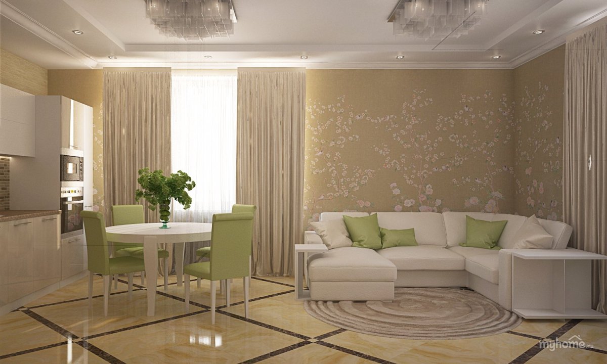 Обои для гостиной совмещенной с кухней