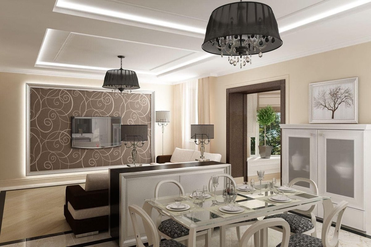 Обои для кухни-гостиной в интерьере