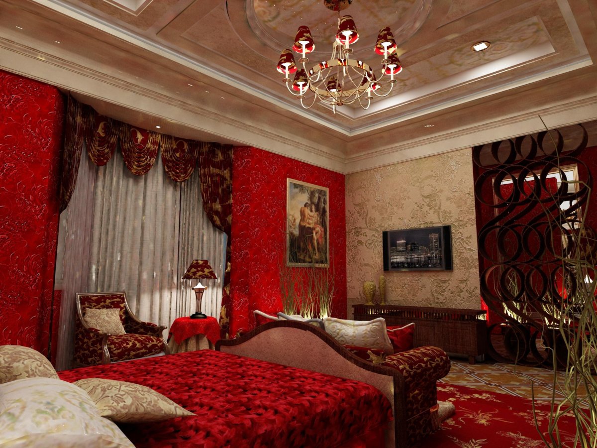 Бордовые обои в спальне