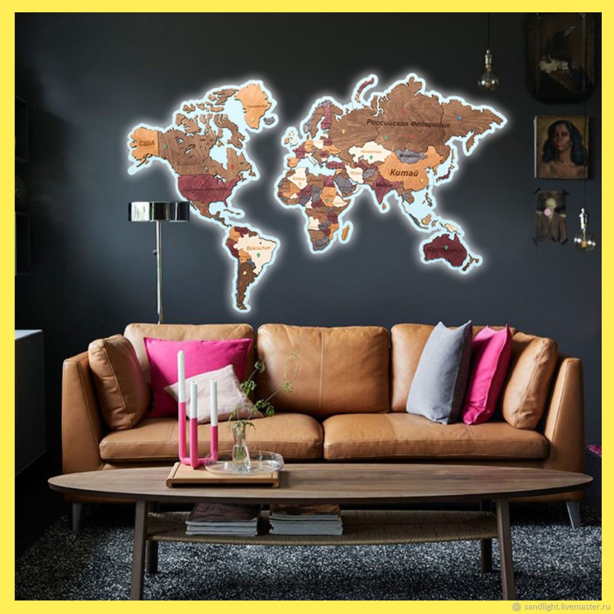 Карта мира с подсветкой на стену