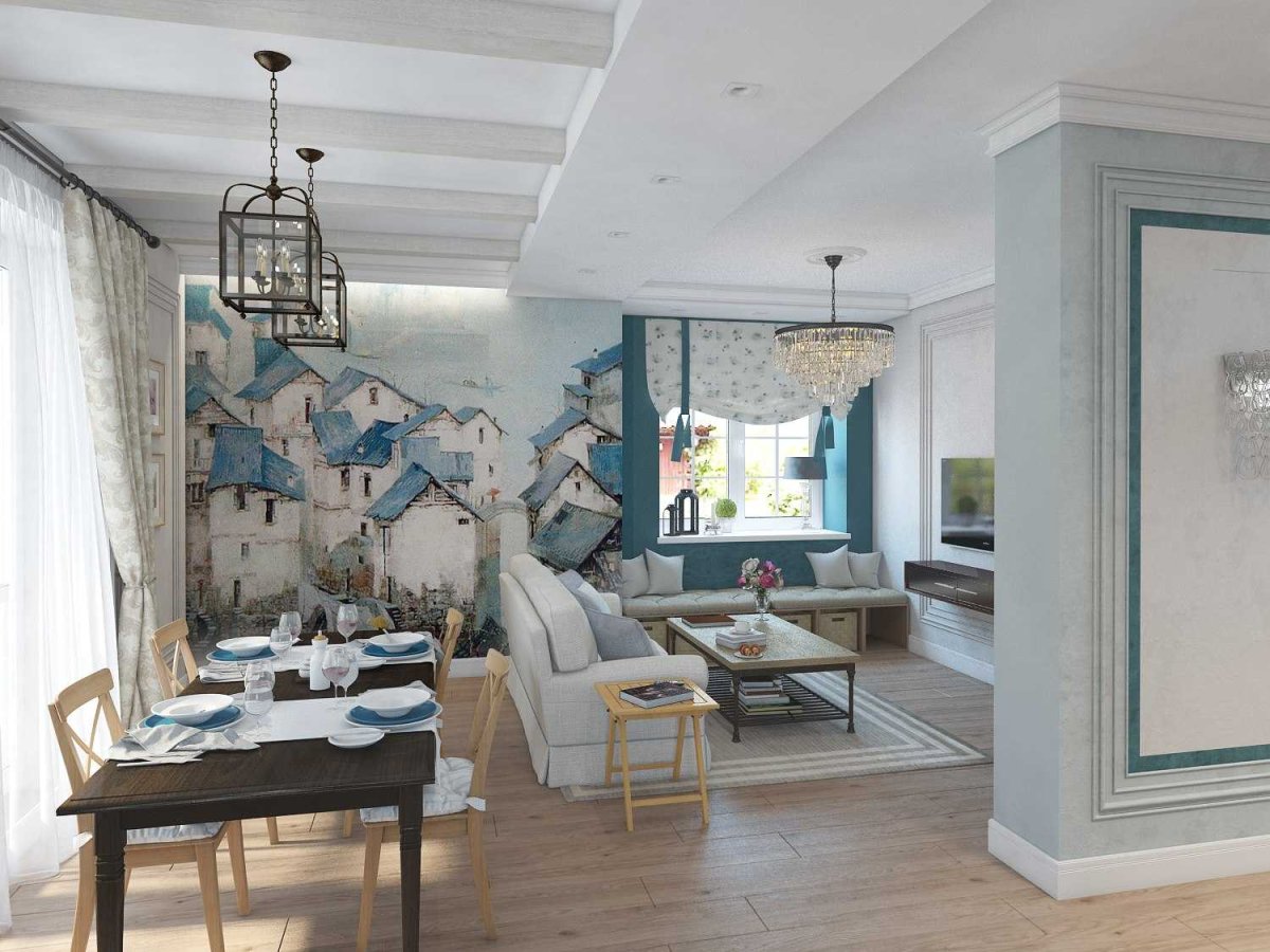 Кухня гостиная в морском стиле