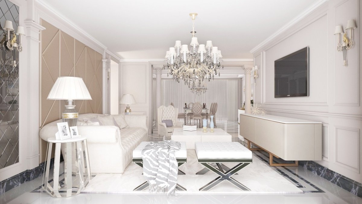 Интерьер гостиной в стиле Неоклассика в светлых тонах