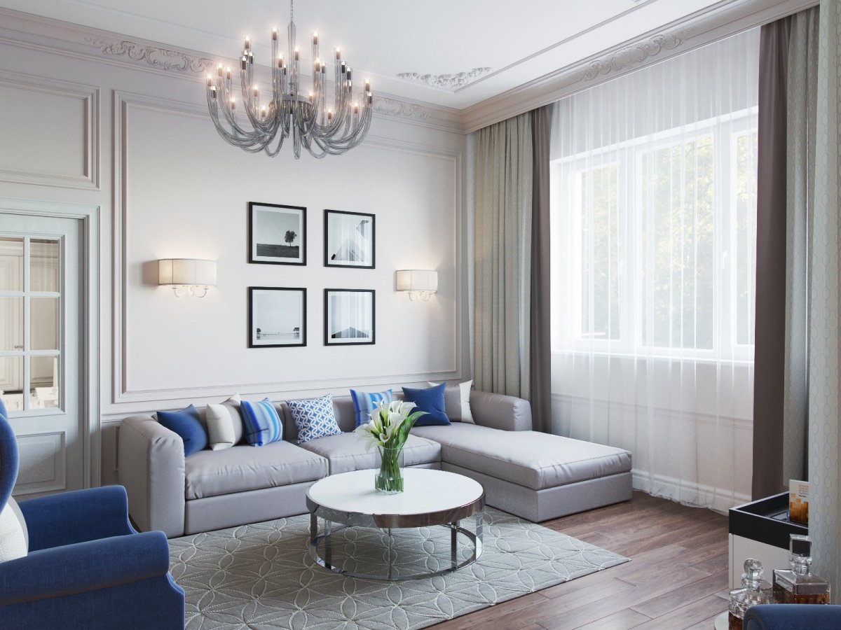Гостиная в светлых тонах Неоклассика