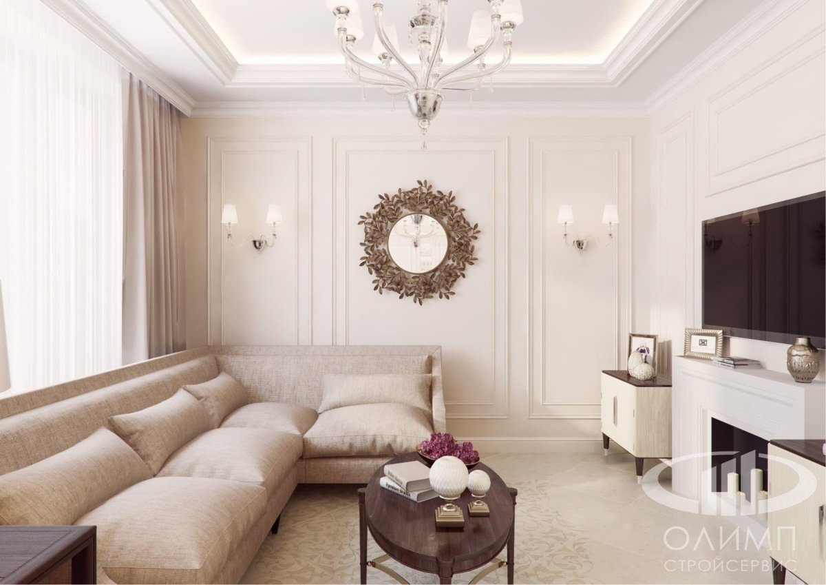 Молдинги в интерьере гостиной в современном стиле Неоклассика