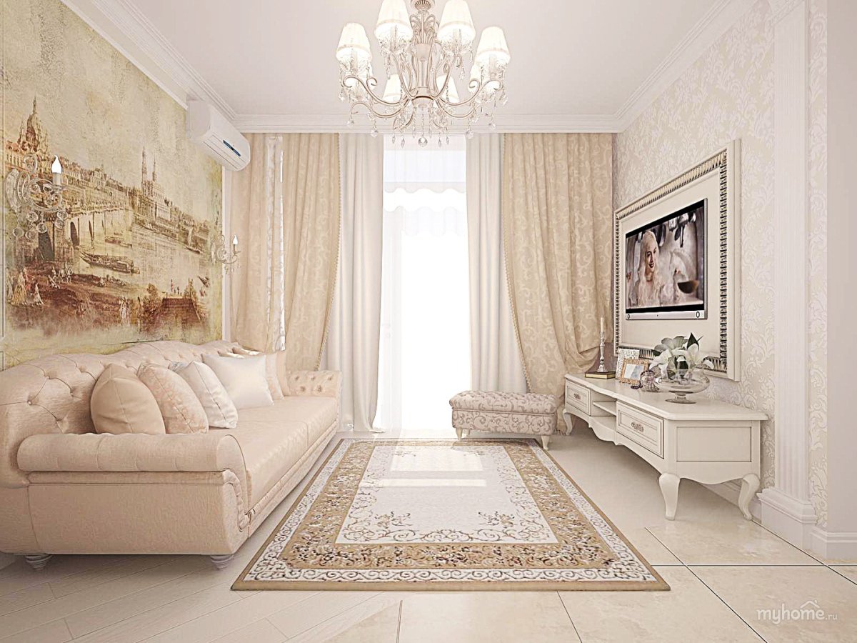 Зал в классическом стиле в светлых тонах